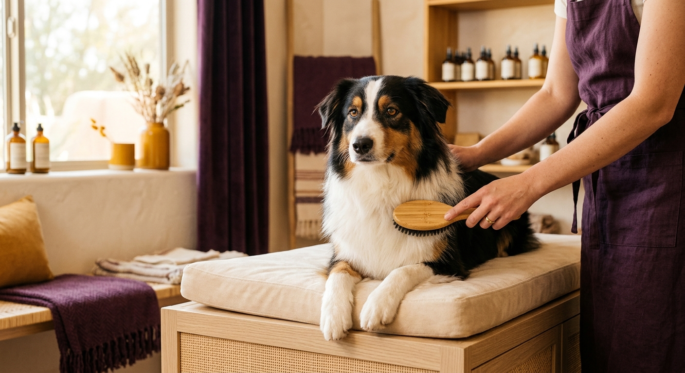 A calm dog being gently groomed by a groomer's hands at a bright pet-wellness studio
