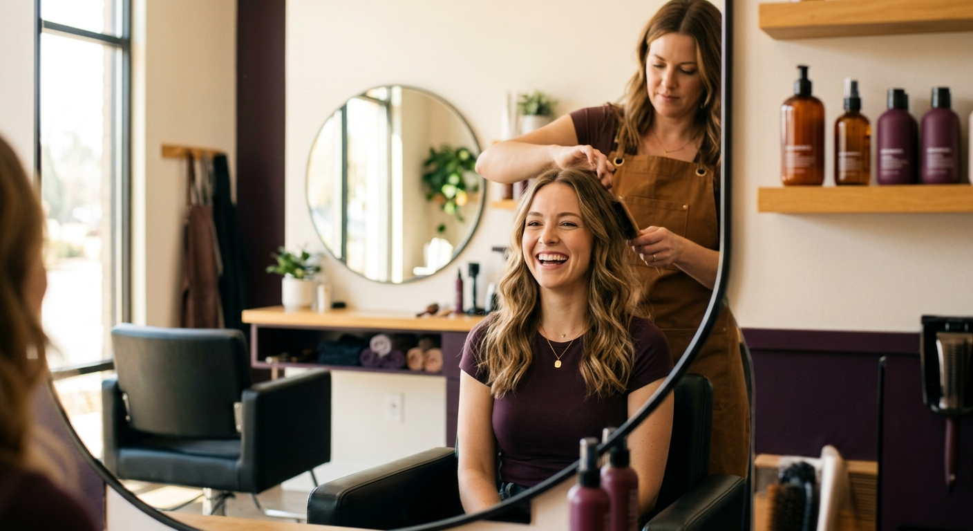 A hair and grooming chair at a bright modern salon mirror in warm daylight
