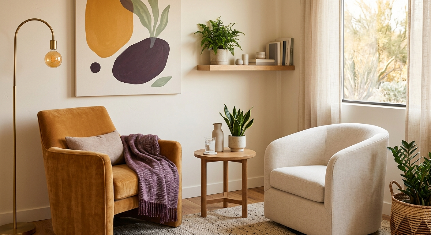 A bright modern wellness consultation nook, warm and non-clinical