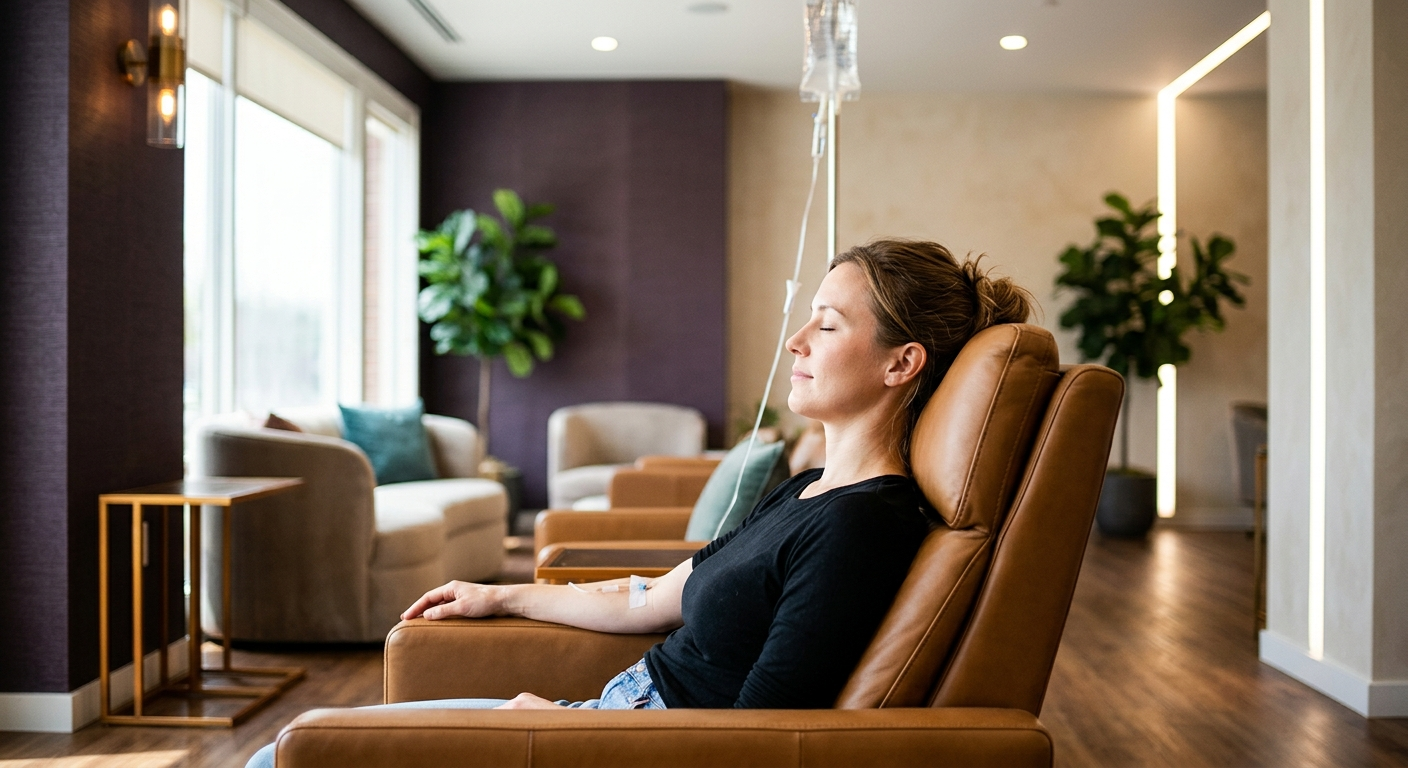A person reclined calmly in a modern leather chair in an upscale IV and hydration lounge