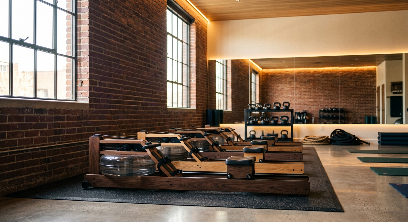 An empty boutique fitness studio with exposed brick and a row of machines catching morning light
