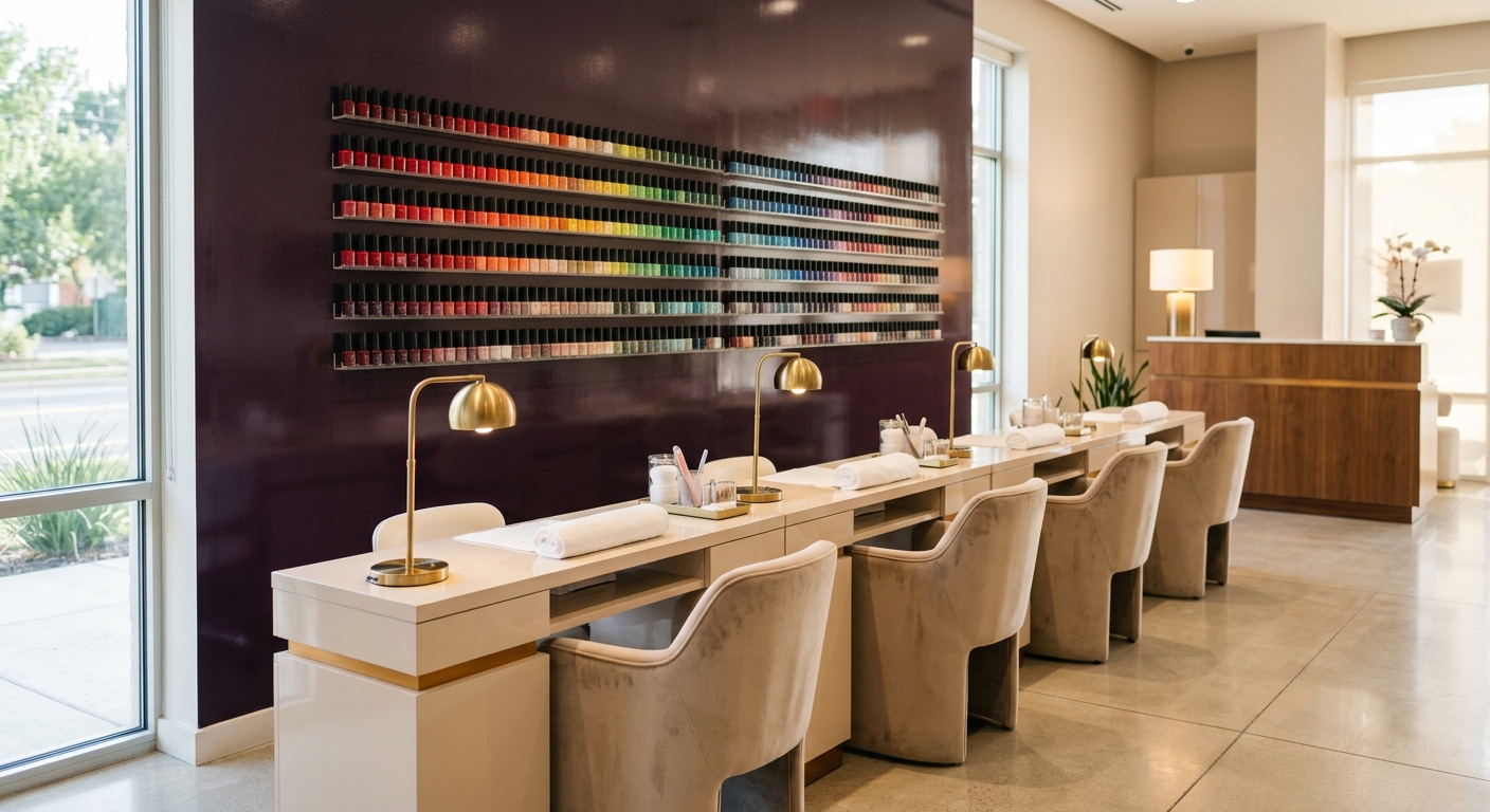 A clean modern nail and beauty bar interior with a glossy wall of polish colors