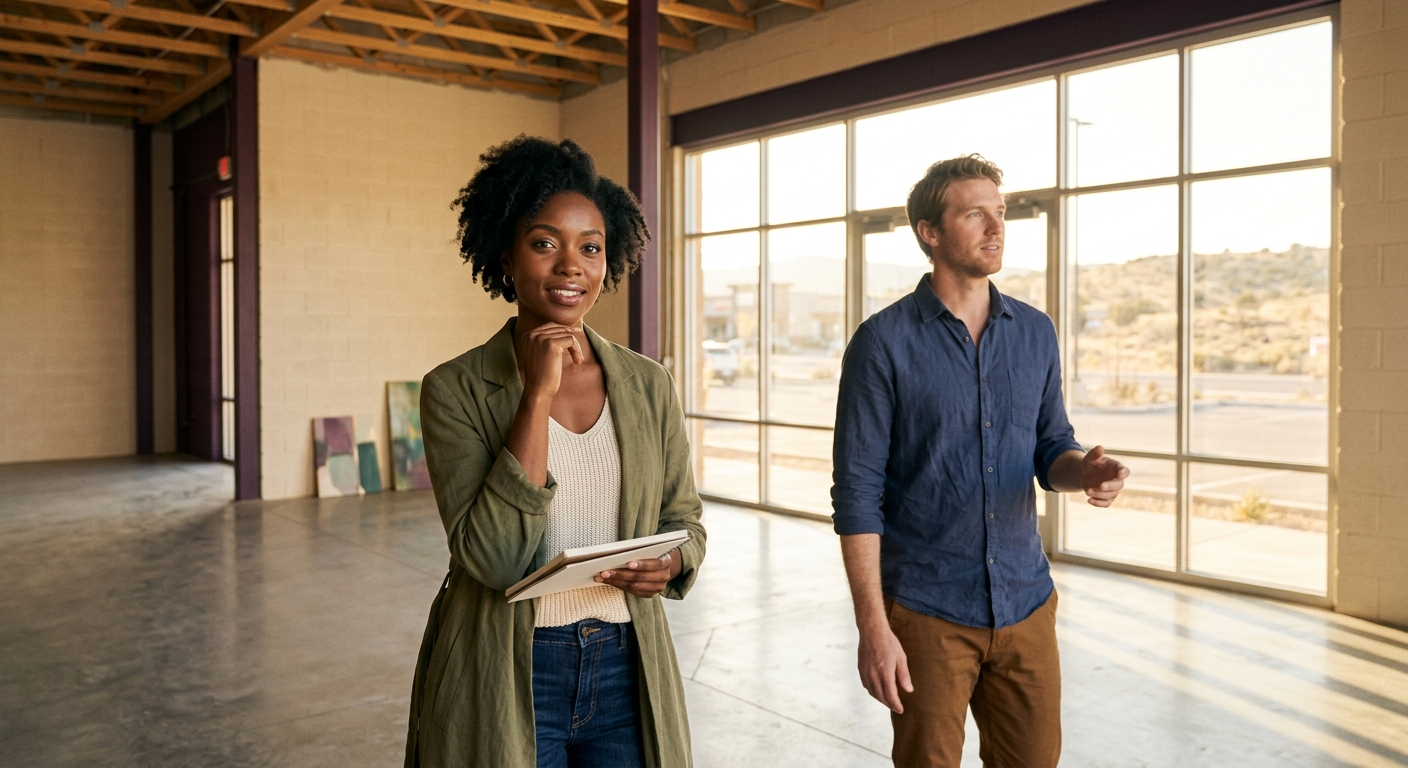 A couple touring a bright empty retail space together, imagining ownership