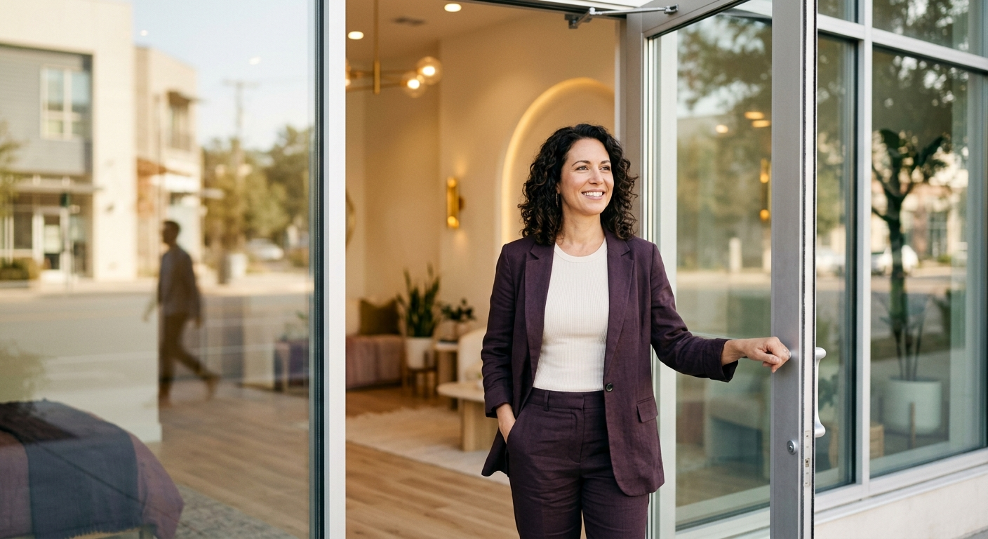A confident entrepreneur standing in the doorway of a bright modern wellness studio
