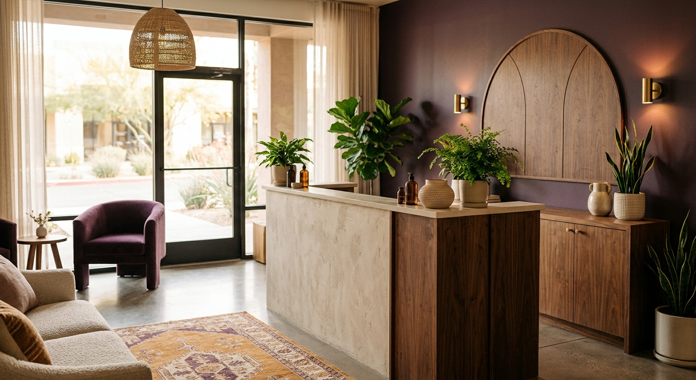 A warm boutique wellness reception with a welcoming front desk and soft plants in glass storefront light