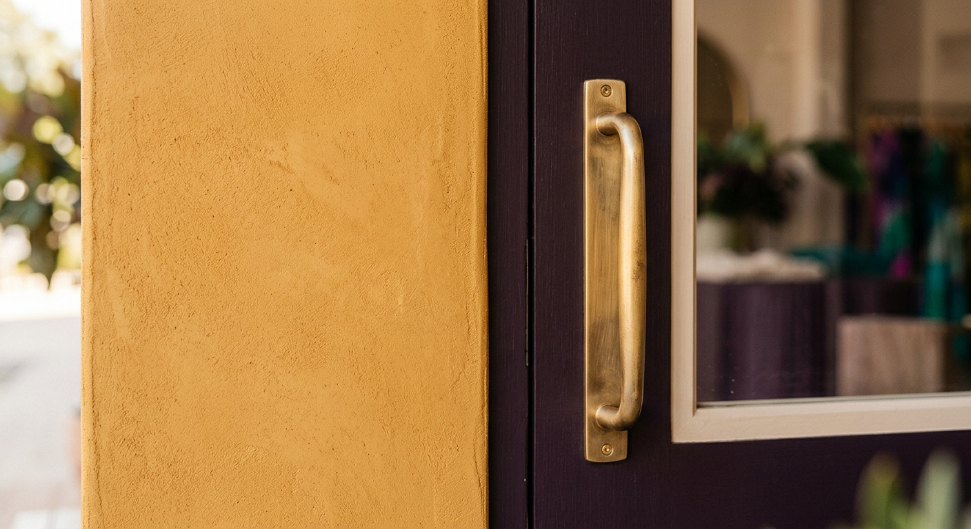 Close texture of a warm citrus-toned accent wall beside a brushed-brass door handle