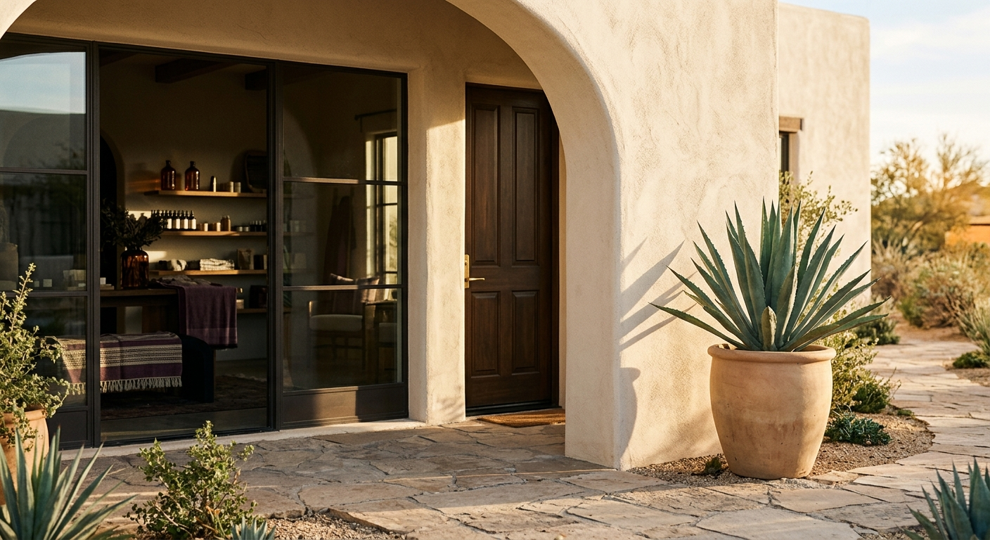 A desert-toned stucco boutique storefront entrance with a potted agave and warm afternoon shadow