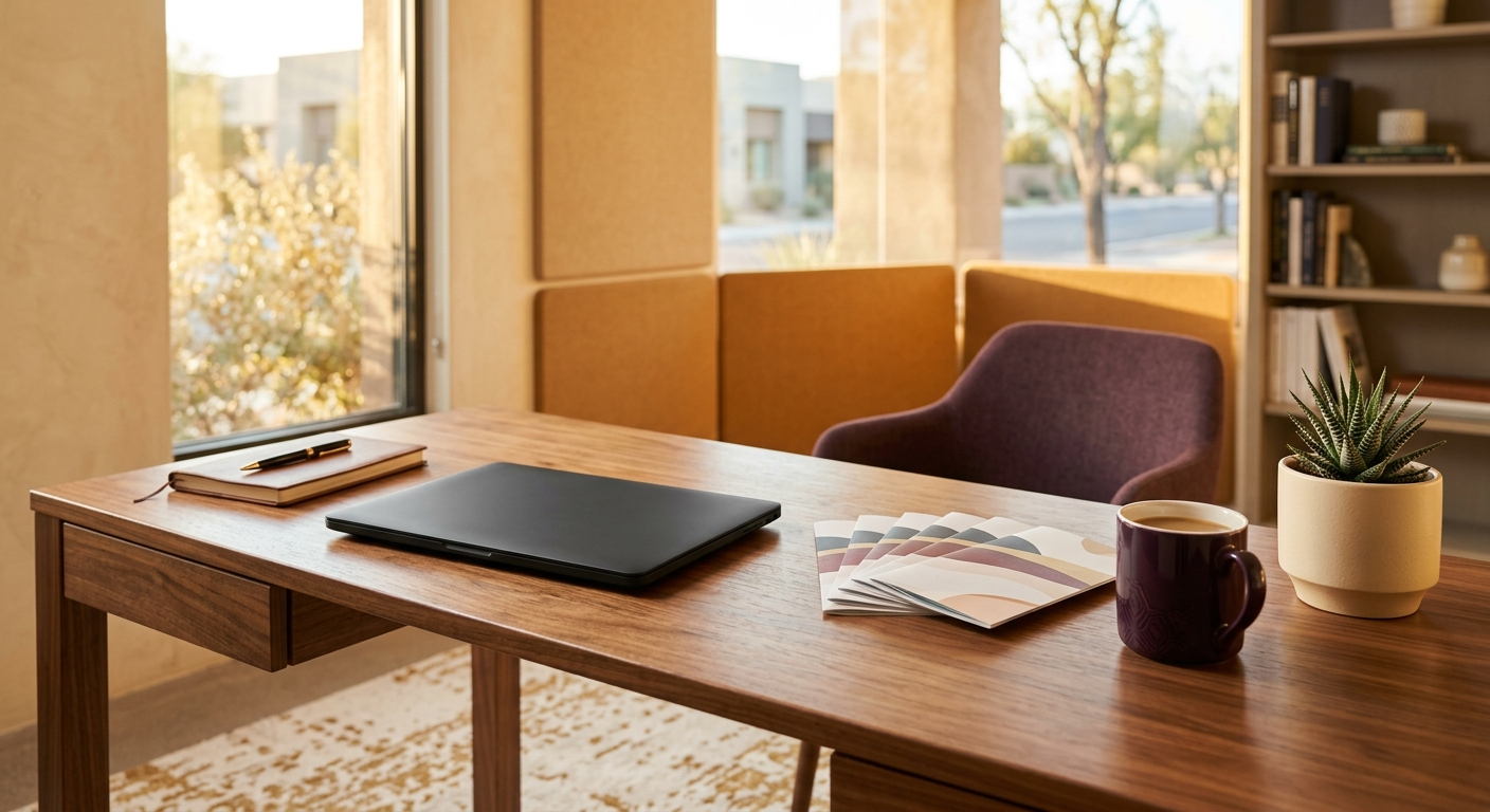 A tidy consultation desk with a plain laptop, unmarked brochures, coffee, and a small plant