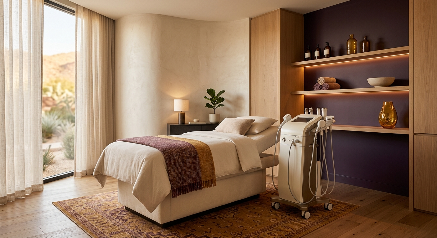 A modern body-contouring treatment room with clean, unbranded equipment