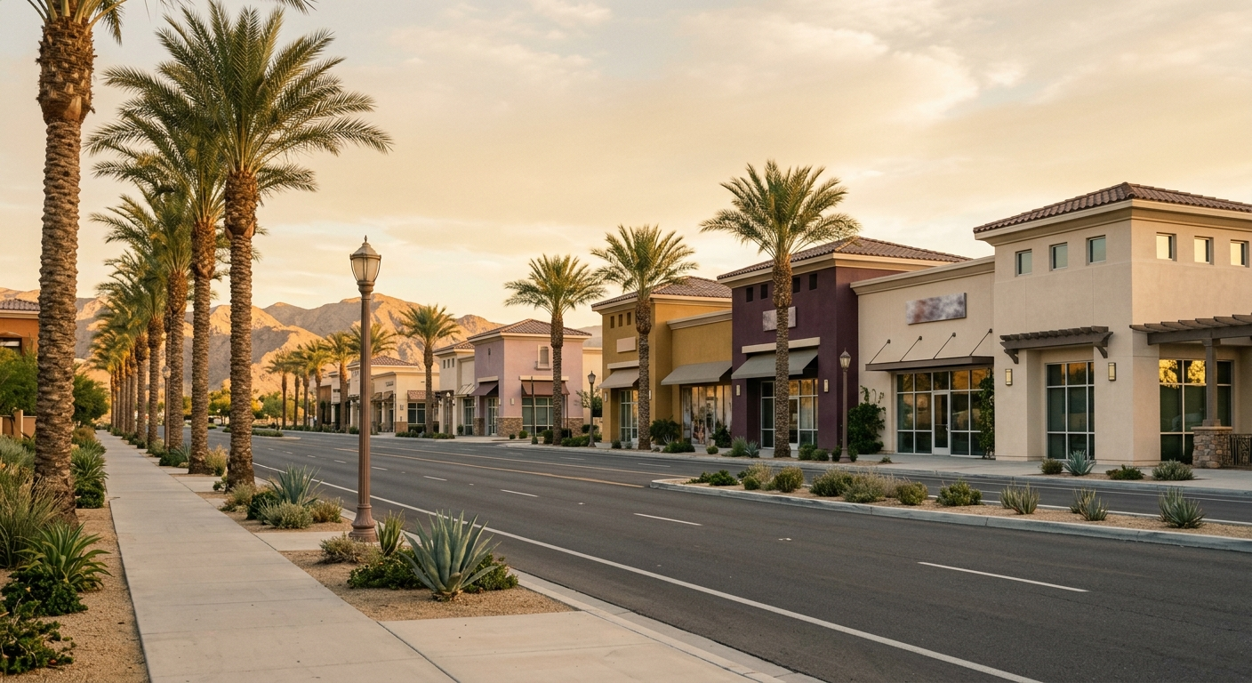 A suburban American wellness retail corridor at golden hour, palm-lined boulevard, pastel stucco storefronts