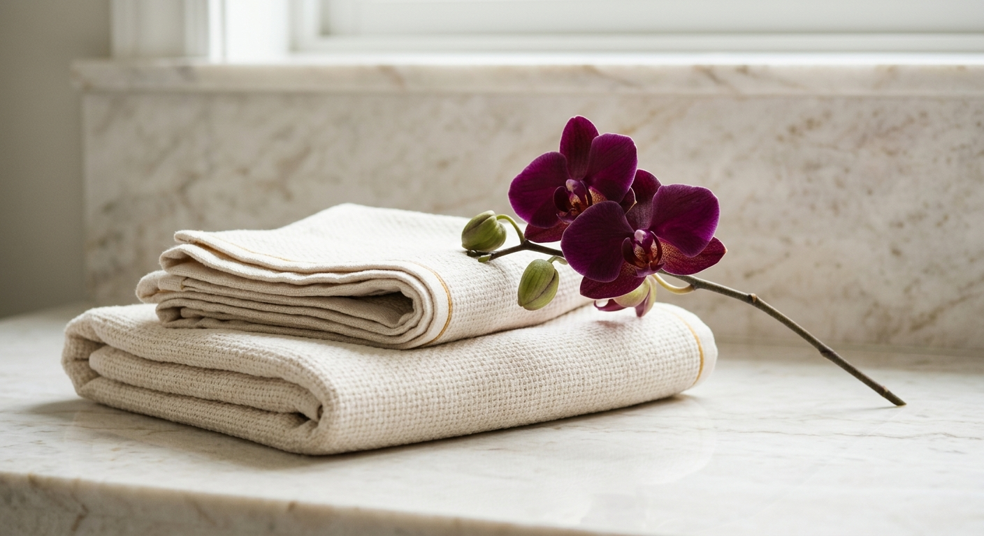 Close texture of folded spa linens beside a single orchid stem on pale marble