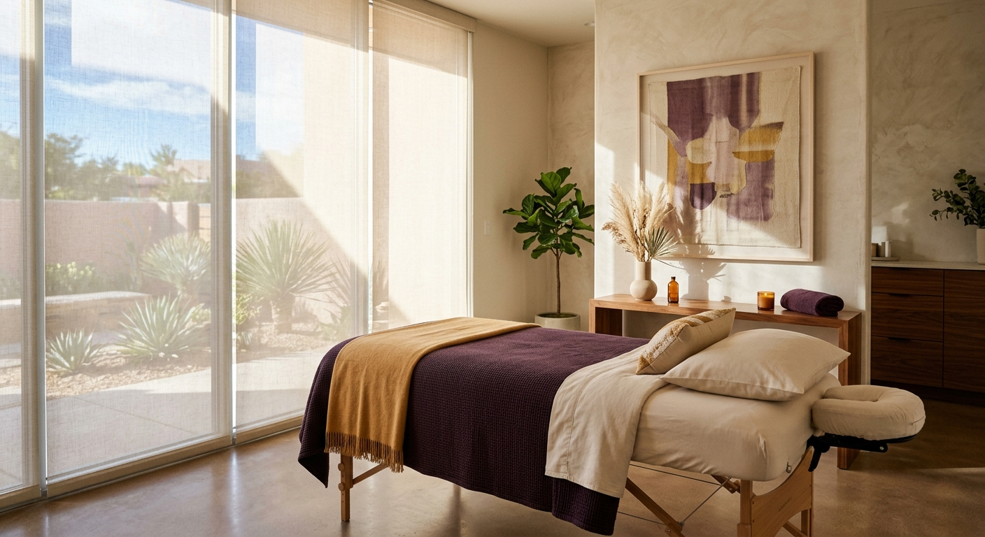 A bright modern med-spa treatment room with sheer blinds diffusing mid-morning light