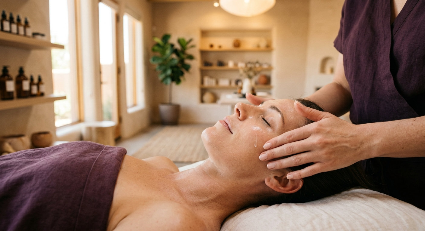 An esthetician applying a serum to a relaxed client in a sunlit skincare studio