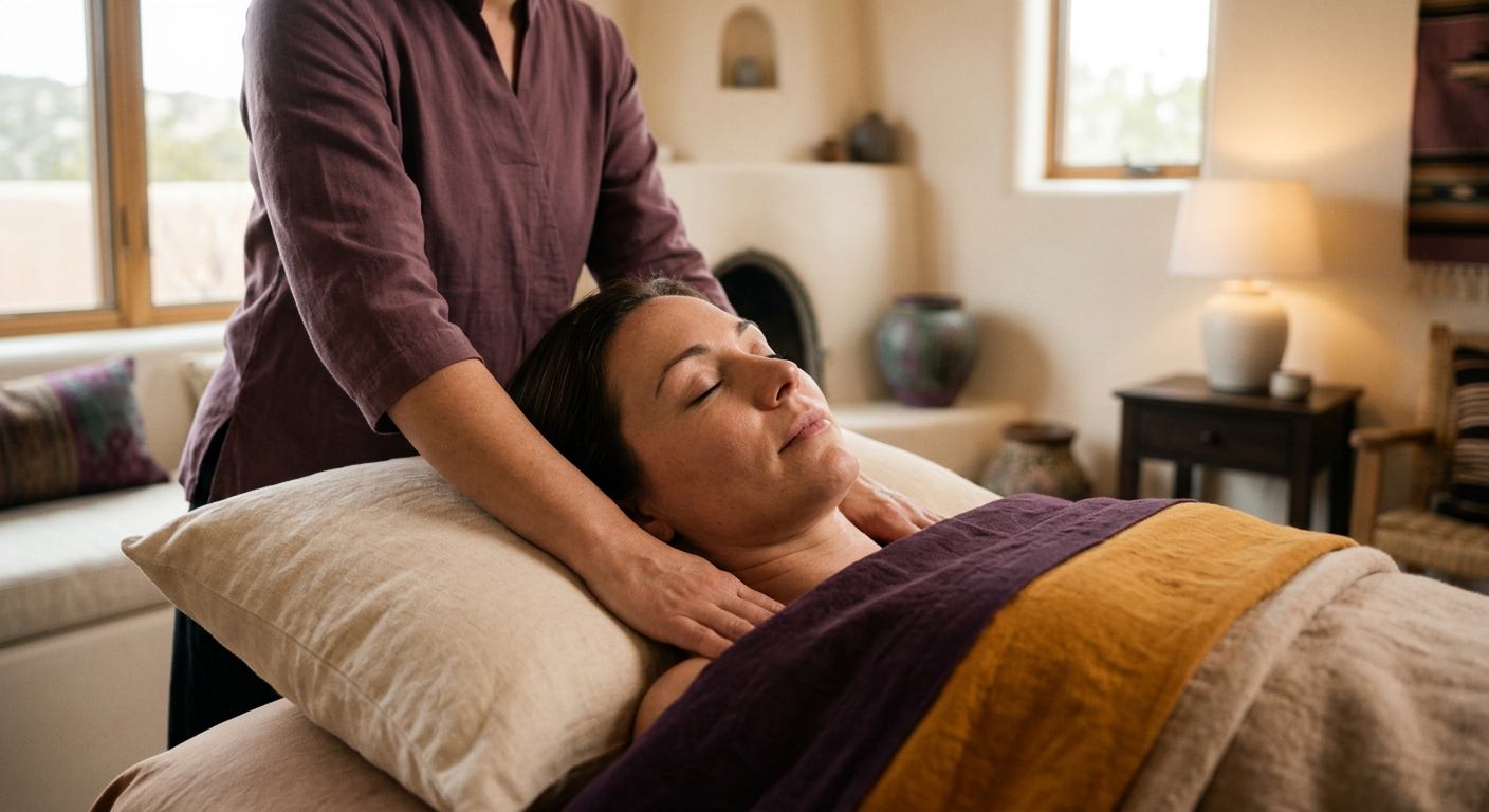 A massage therapist's hands working a reclined client's shoulders in a warm recovery studio